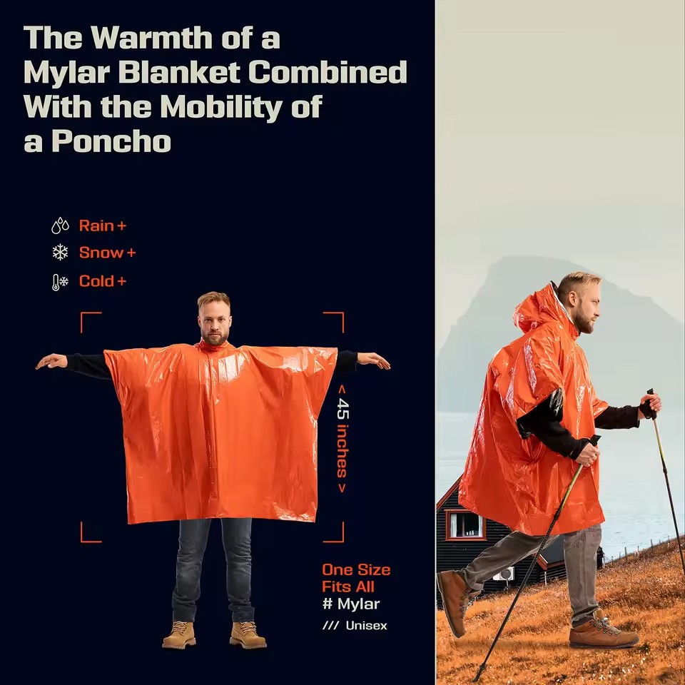 Survival Blanket Reflective - Emergency Survival Rain Hot Poncho Thermal